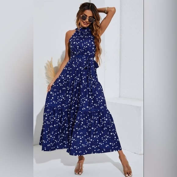 NWT Women's Night Sky Halter Neck Maxi Layer Dress In Navy & White little stars - Picture 4 of 14